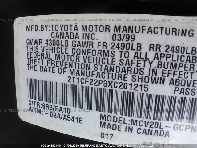 2T1CF22P3XC201215 - 1999 TOYOTA CAMRY SOLARA SE/SLE მწვანე ფოტო 9