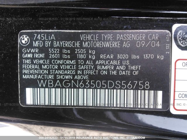 WBAGN63505DS56758 - 2005 BMW 745 LI BLACK photo 9