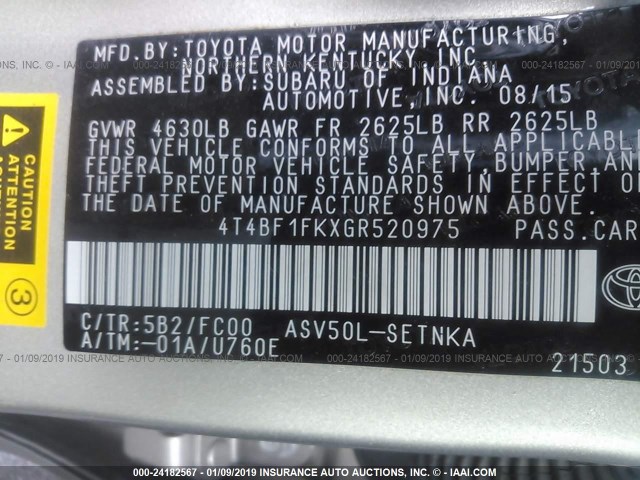 4T4BF1FKXGR520975 - 2016 TOYOTA CAMRY LE/XLE/SE/XSE TAN photo 9