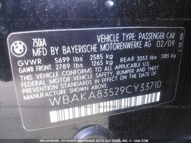 WBAKA83529CY33710 - 2009 BMW 750 I BLACK photo 9