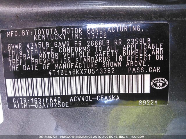 4T1BE46KX7U513362 - 2007 TOYOTA CAMRY NEW GENERAT CE/LE/XLE/SE GRAY photo 9