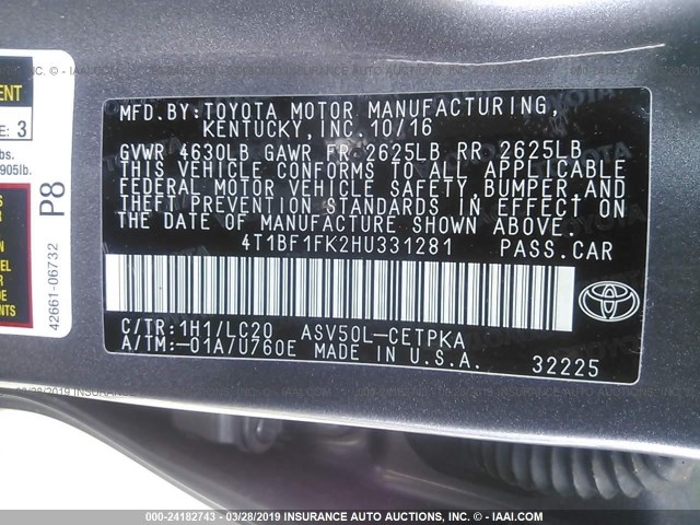 4T1BF1FK2HU331281 - 2017 TOYOTA CAMRY LE/XLE/SE/XSE ნაცრისფერი ფოტო 9