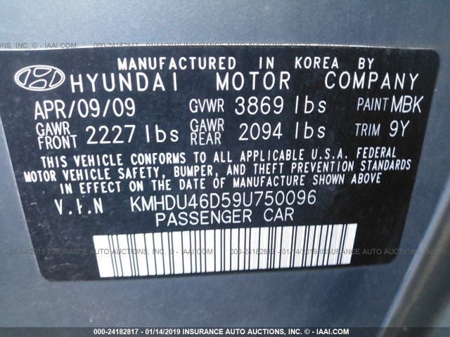 KMHDU46D59U750096 - 2009 HYUNDAI ELANTRA GLS/SE GREEN photo 9