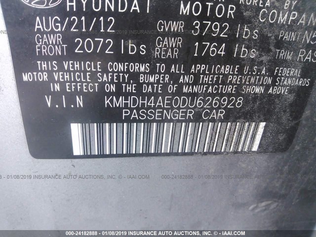 KMHDH4AE0DU626928 - 2013 HYUNDAI ELANTRA GLS/LIMITED GRAY photo 9