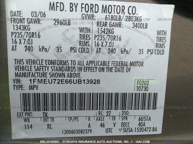 1FMEU72E66UB13928 - 2006 FORD EXPLORER XLS GRAY photo 9