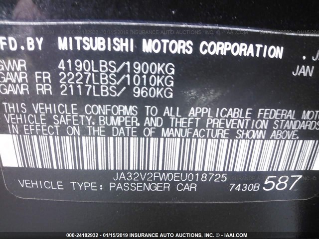 JA32V2FW0EU018725 - 2014 MITSUBISHI LANCER SE BLACK photo 9