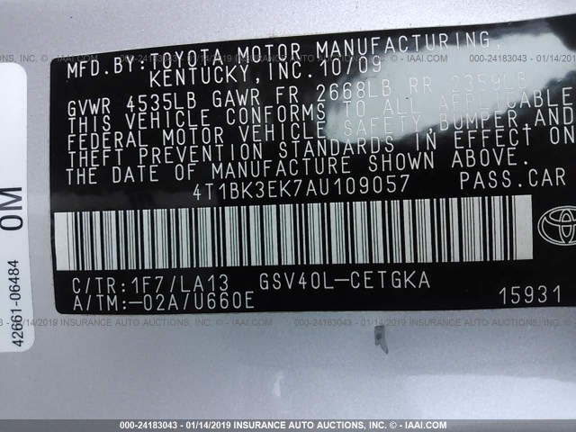 4T1BK3EK7AU109057 - 2010 TOYOTA CAMRY SE/LE/XLE 银色 照片 9