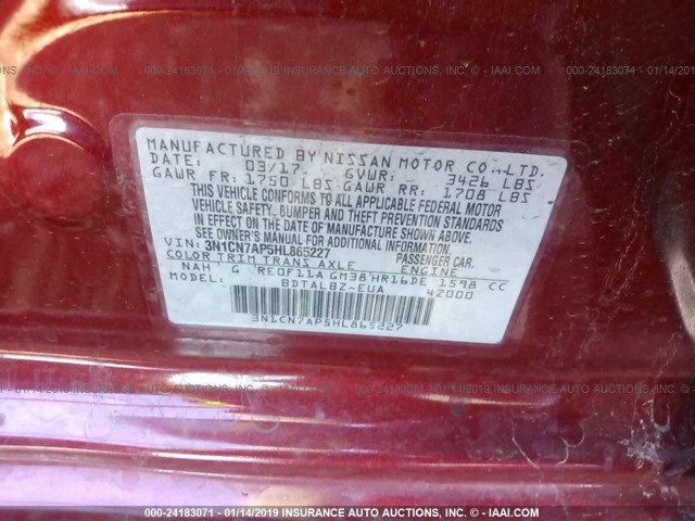 3N1CN7AP5HL865227 - 2017 NISSAN VERSA S/S PLUS/SV/SL RED photo 9