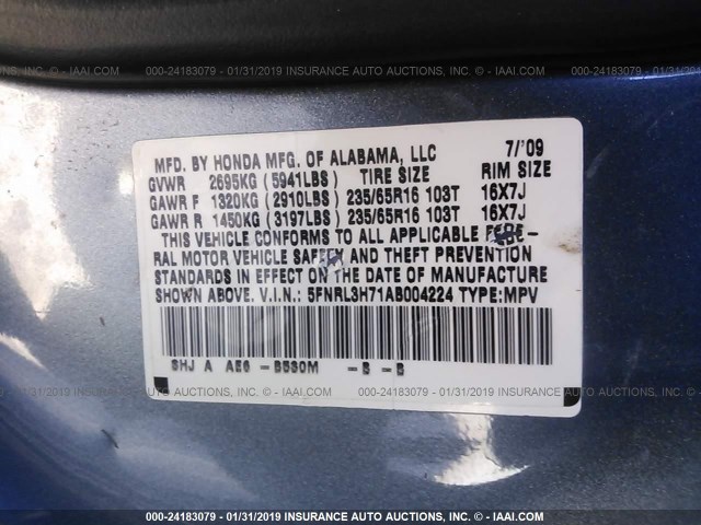 5FNRL3H71AB004224 - 2010 HONDA ODYSSEY EXL Light Blue photo 9