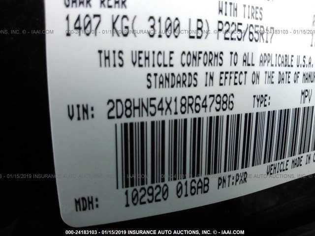 2D8HN54X18R647986 - 2008 DODGE GRAND CARAVAN SXT BLACK photo 9