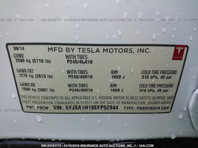 5YJSA1H19EFP52944 - 2014 TESLA MODEL S WHITE photo 9