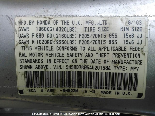 SHSRD78854U201584 - 2004 HONDA CR-V EX SILVER photo 9