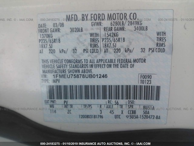 1FMEU75878UB01246 - 2008 FORD EXPLORER LIMITED WHITE photo 9