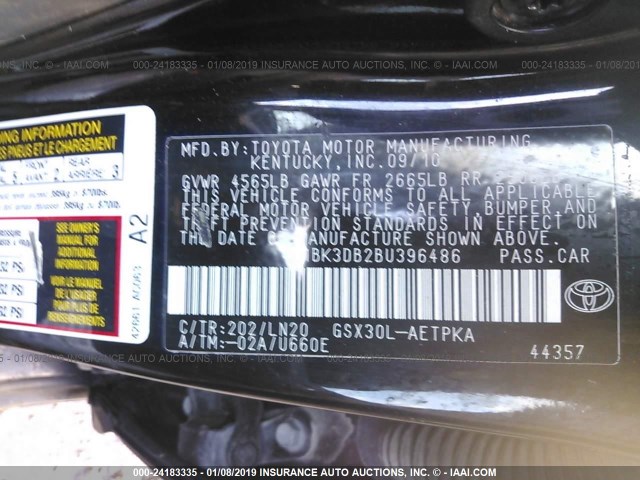 4T1BK3DB2BU396486 - 2011 TOYOTA AVALON LIMITED BLACK photo 9