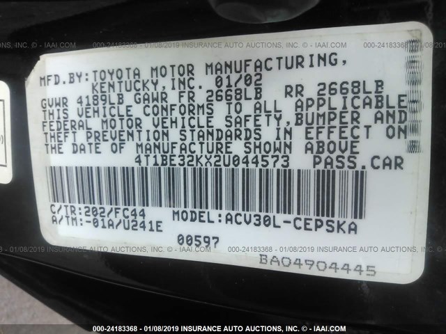 4T1BE32KX2U044573 - 2002 TOYOTA CAMRY LE/XLE/SE BLACK photo 9