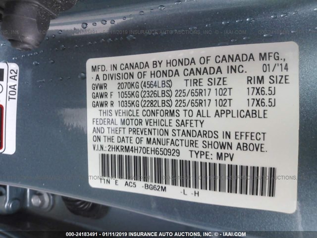 2HKRM4H70EH650929 - 2014 HONDA CR-V EXL BLUE photo 9