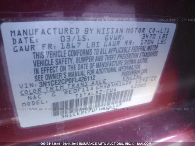3N1CE2CP0FL426112 - 2015 NISSAN VERSA NOTE S/S PLUS/SV/SL/SR RED photo 9