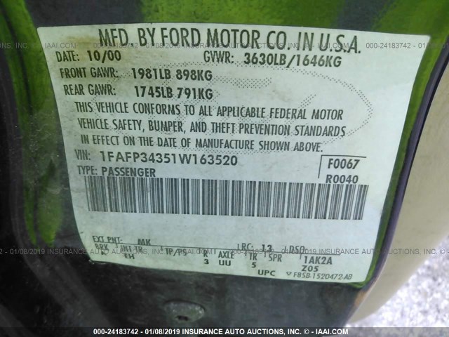 1FAFP34351W163520 - 2001 FORD FOCUS SE/SE SPORT Navy photo 9