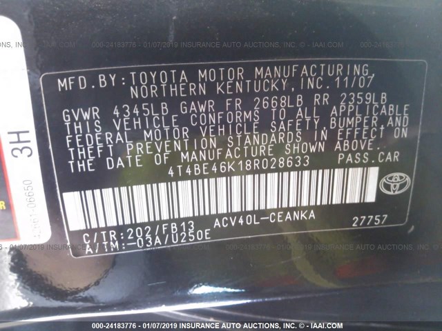 4T4BE46K18R028633 - 2008 TOYOTA CAMRY CE/LE/XLE/SE BLACK photo 9