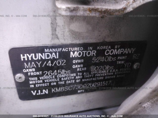 KM8SC73D02U291517 - 2002 HYUNDAI SANTA FE GLS/LX SILVER photo 9