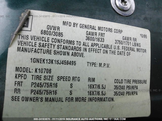 1GNEK13K1SJ459495 - 1995 CHEVROLET TAHOE K1500 GREEN photo 9