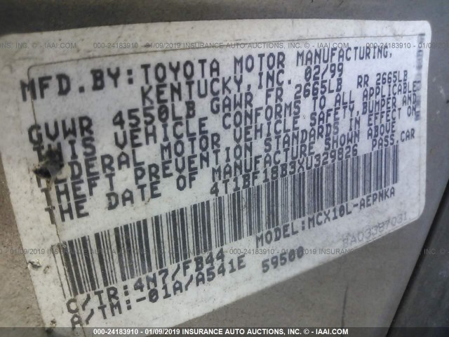 4T1BF18B3XU329826 - 1999 TOYOTA AVALON XL/XLS TAN photo 9