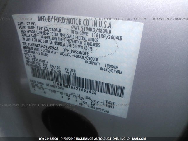 1LNHM87A42Y602436 - 2002 LINCOLN LS SILVER photo 9