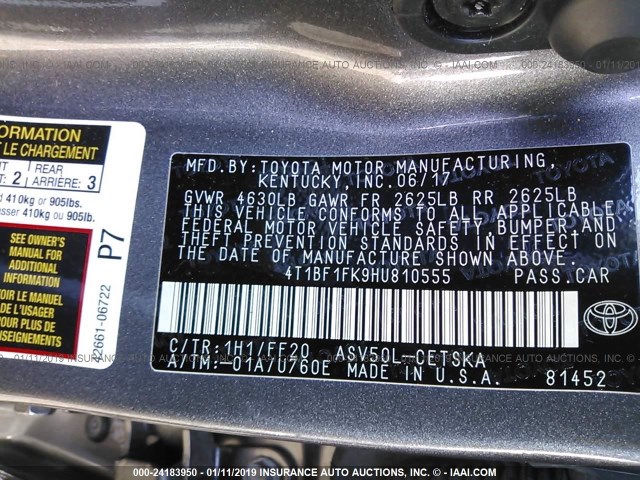 4T1BF1FK9HU810555 - 2017 TOYOTA CAMRY LE/XLE/SE/XSE GRAY photo 9