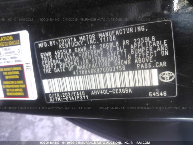 4T1BB46K97U003156 - 2007 TOYOTA CAMRY NEW GENERAT HYBRID BLACK photo 9