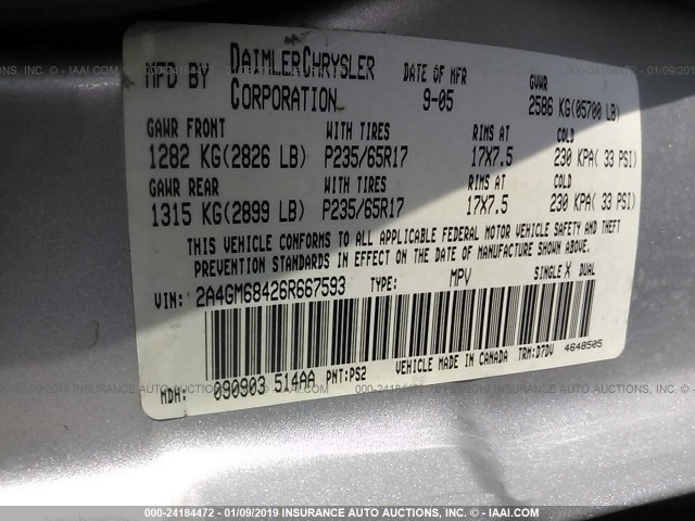 2A4GM68426R667593 - 2006 CHRYSLER PACIFICA TOURING SILVER photo 9