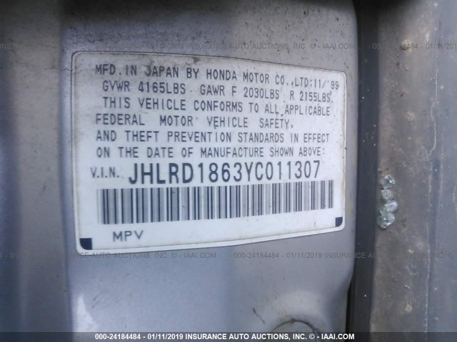 JHLRD1863YC011307 - 2000 HONDA CR-V EX SILVER photo 9