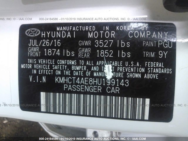 KMHCT4AE8HU199143 - 2017 HYUNDAI ACCENT SE WHITE photo 9