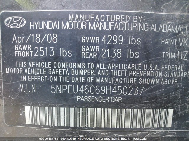 5NPEU46C69H450237 - 2009 HYUNDAI SONATA SE/LIMITED GRAY photo 9