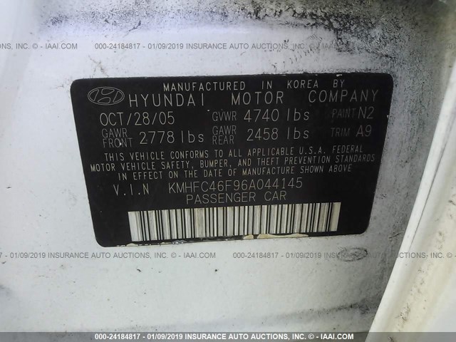 KMHFC46F96A044145 - 2006 HYUNDAI AZERA SE/LIMITED WHITE photo 9