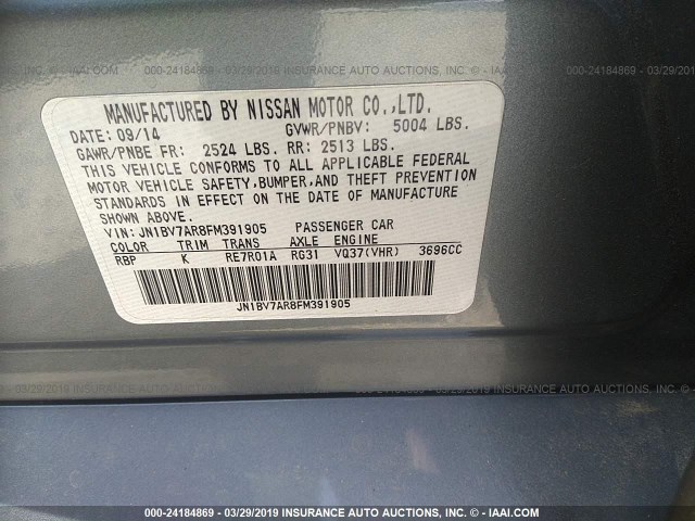 JN1BV7AR8FM391905 - 2015 INFINITI Q50 PREMIUM/SPORT GRAY photo 9