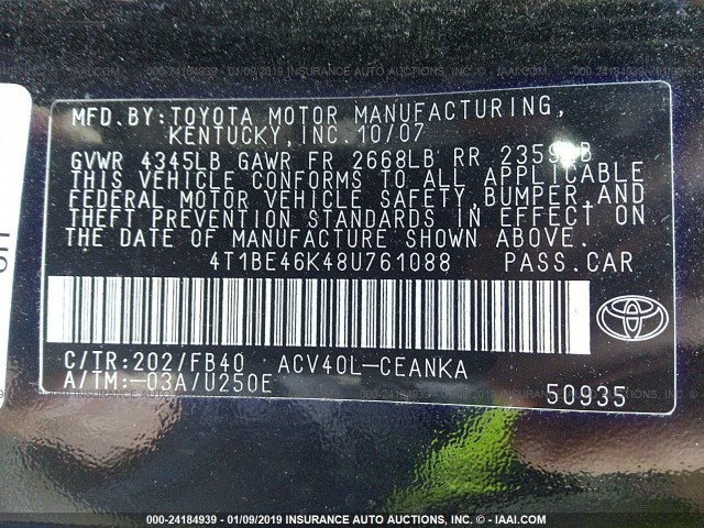 4T1BE46K48U761088 - 2008 TOYOTA CAMRY CE/LE/XLE/SE 黑色 照片 9