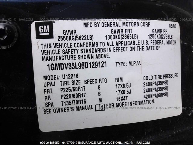 1GMDV33L96D129121 - 2006 PONTIAC MONTANA SV6 BLUE photo 9