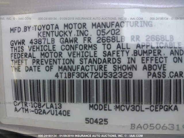 4T1BF30K72U532329 - 2002 TOYOTA CAMRY LE/XLE/SE SILVER photo 9