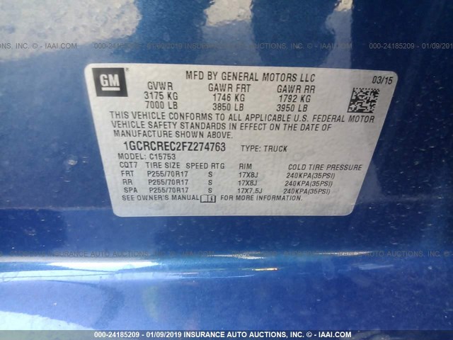 1GCRCREC2FZ274763 - 2015 CHEVROLET SILVERADO C1500 LT Mavi foto 9