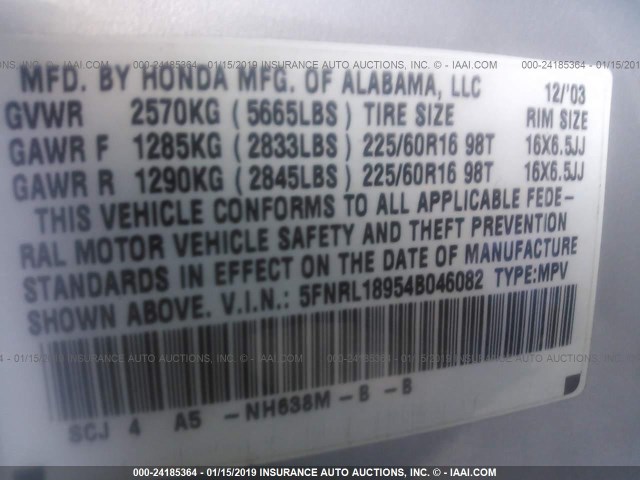 5FNRL18954B046082 - 2004 HONDA ODYSSEY EXL SILVER photo 9