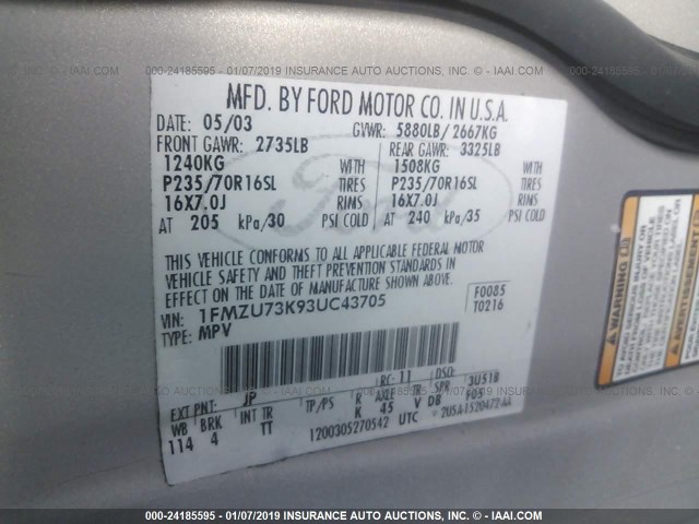 1FMZU73K93UC43705 - 2003 FORD EXPLORER XLT/XLT SPORT/NBX SILVER photo 9