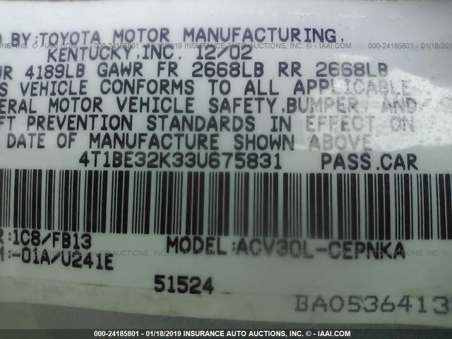 4T1BE32K33U675831 - 2003 TOYOTA CAMRY LE/XLE/SE SILVER photo 9