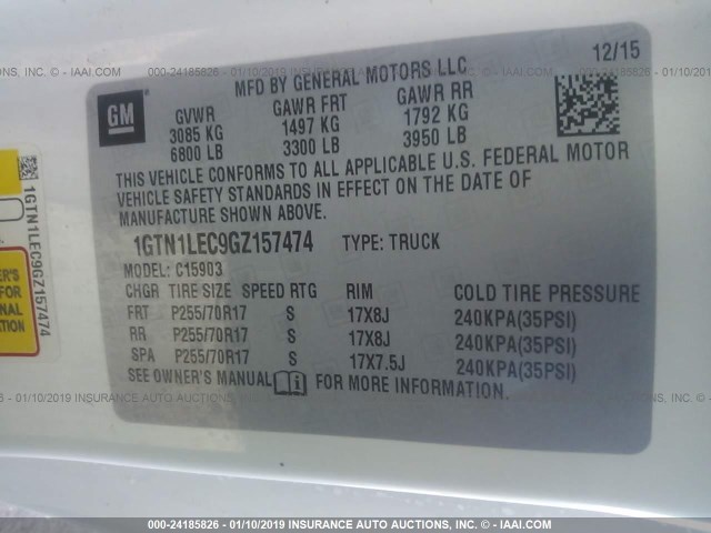 1GTN1LEC9GZ157474 - 2016 GMC SIERRA C1500 WHITE photo 9