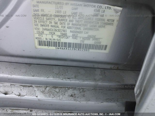 1N4BA41E26C822965 - 2006 NISSAN MAXIMA SE/SL SILVER photo 9