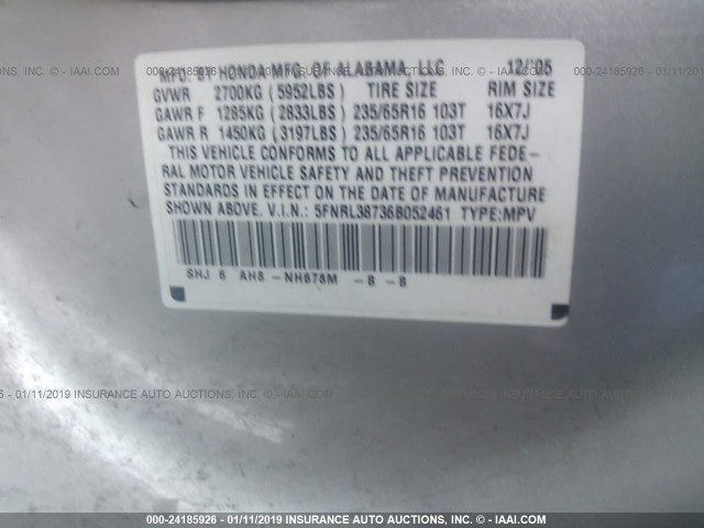 5FNRL38736B052461 - 2006 HONDA ODYSSEY EXL SILVER photo 9