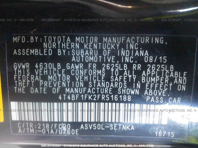 4T4BF1FK2FR516188 - 2015 TOYOTA CAMRY LE/XLE/SE/XSE შავი ფოტო 9