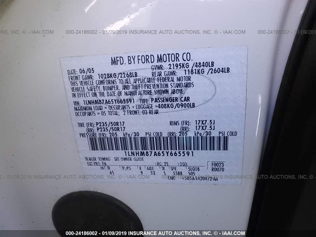 1LNHM87A65Y665591 - 2005 LINCOLN LS WHITE photo 9