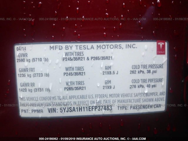 5YJSA1H11EFP37483 - 2014 TESLA MODEL S RED photo 9