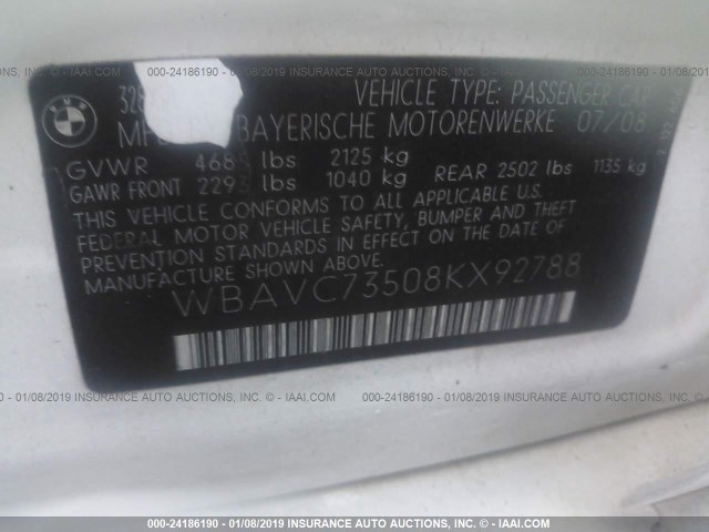 WBAVC73508KX92788 - 2008 BMW 328 XI SULEV WHITE photo 9