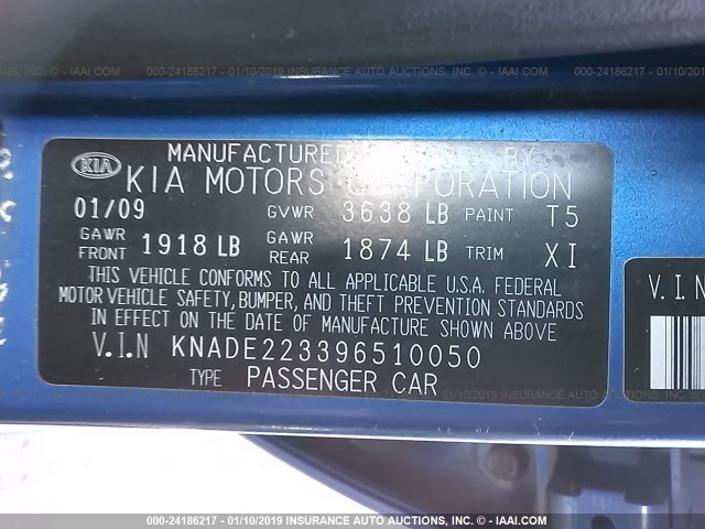 KNADE223396510050 - 2009 KIA RIO LX/SX BLUE photo 9